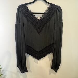 Express Black Silk V-Neck Crochet Detail Peasant Top Size 5/6 Dark Romance
